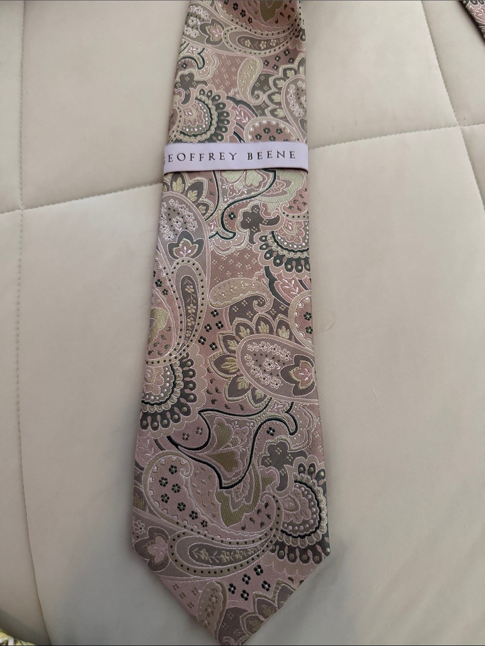 Geoffrey Beene Pink Paisley Silk Tie with Green and Gray Accents